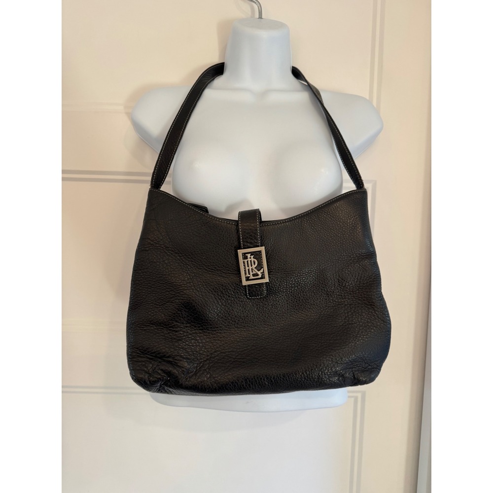 Lauren Ralph Lauren Black Pebbled Leather Hobo Shoulder Bag Silver LRL Logo